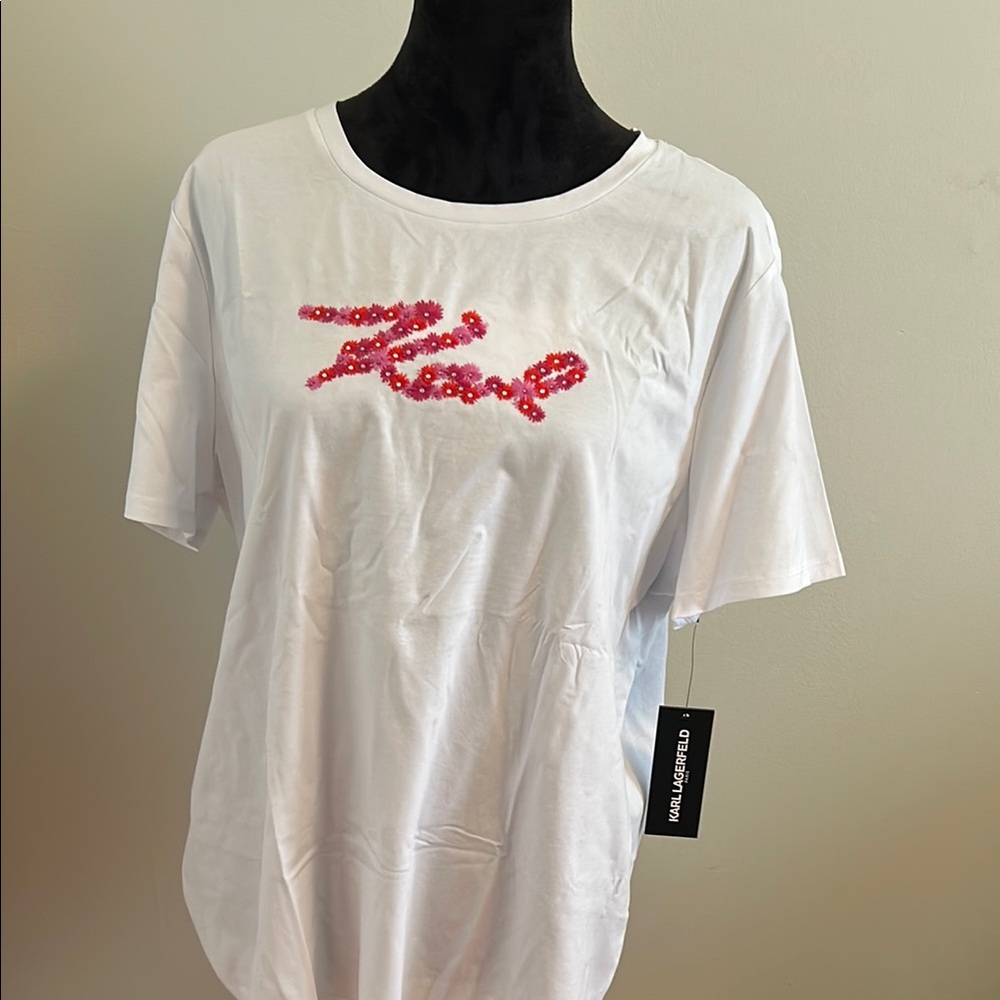 Karl Lagerfeld Red and Pink Graphic Short Sleeve Tee